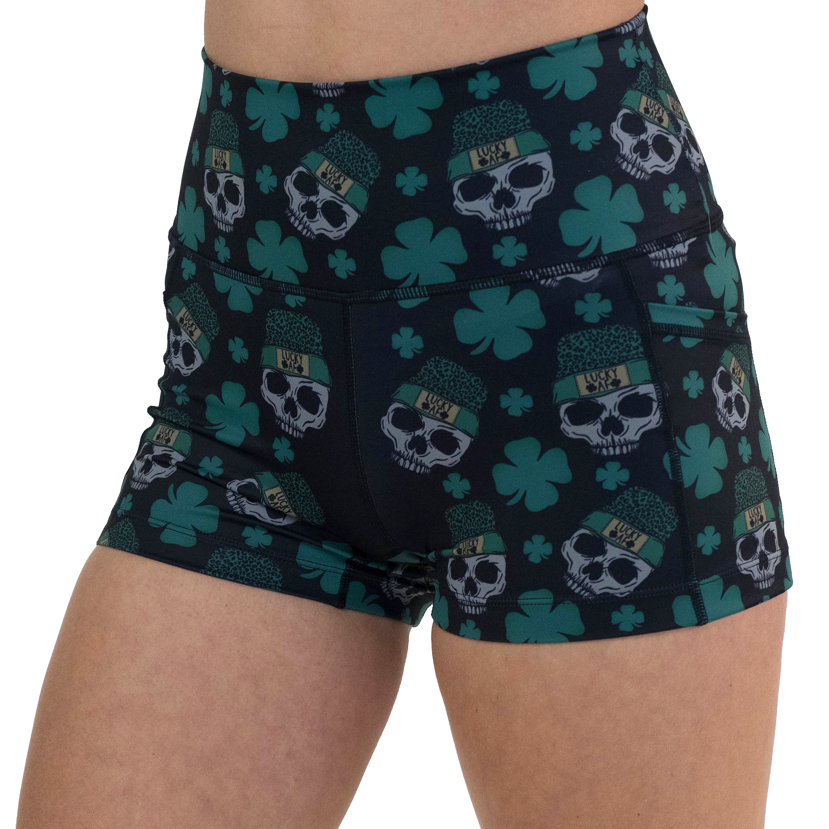 closeup of the 2.5 inch skull and shamrock print shorts against a white background