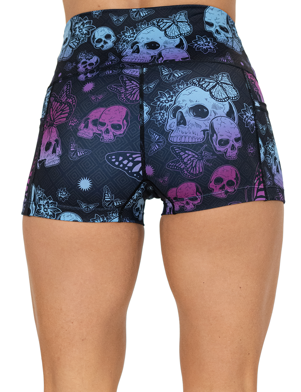 back of the 2.5 inch blue and purple skulls shorts surrounded by butterflies against a white background