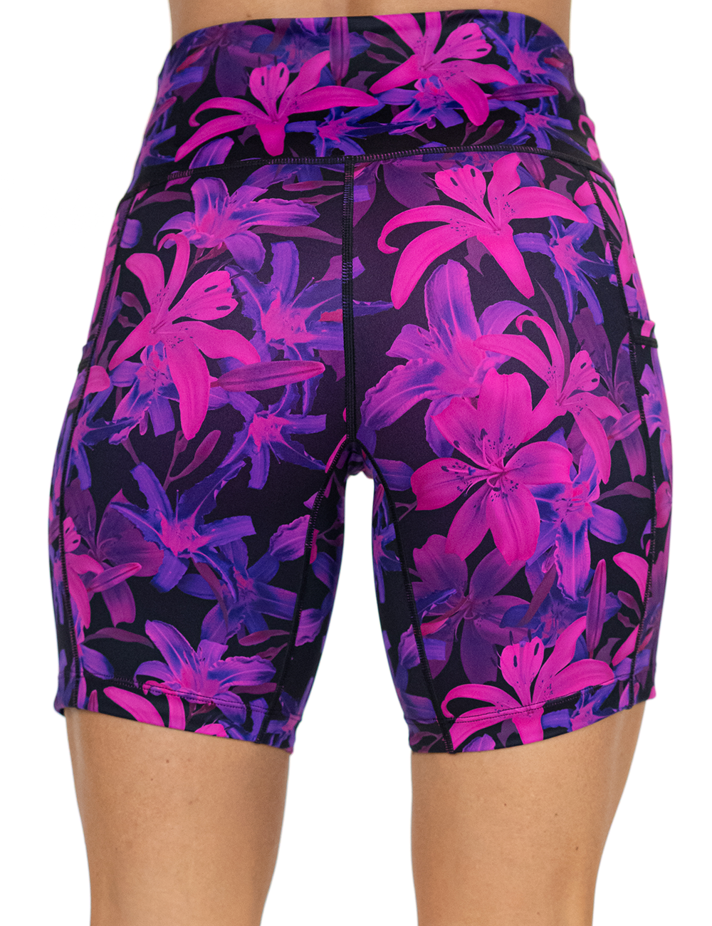 back of the 7 inch purple flowers shorts against a white background
