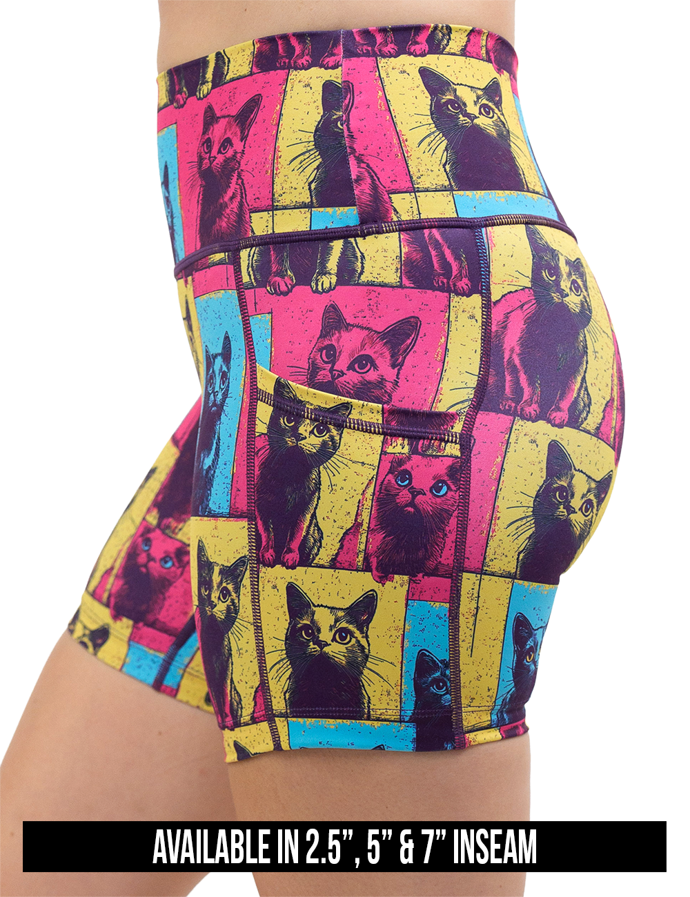 red, blue, and yellow patchwork cat print shorts available lengths, lengths include 2.5 inch, 5 inch, and 7 inches