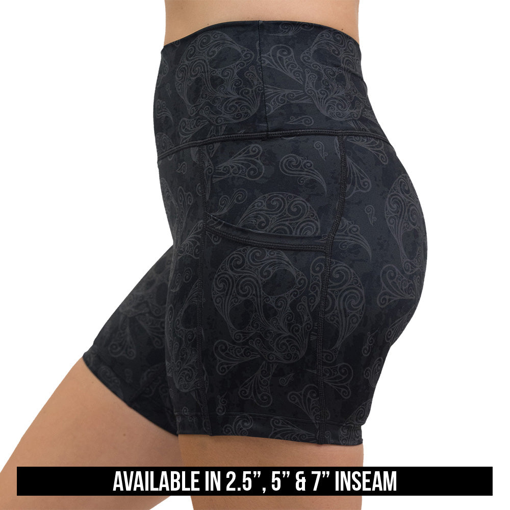 dark pirate themed skull and cross bones print shorts are available in the inseam sizes of 2.5 inches, 5 inches, and 7 inches