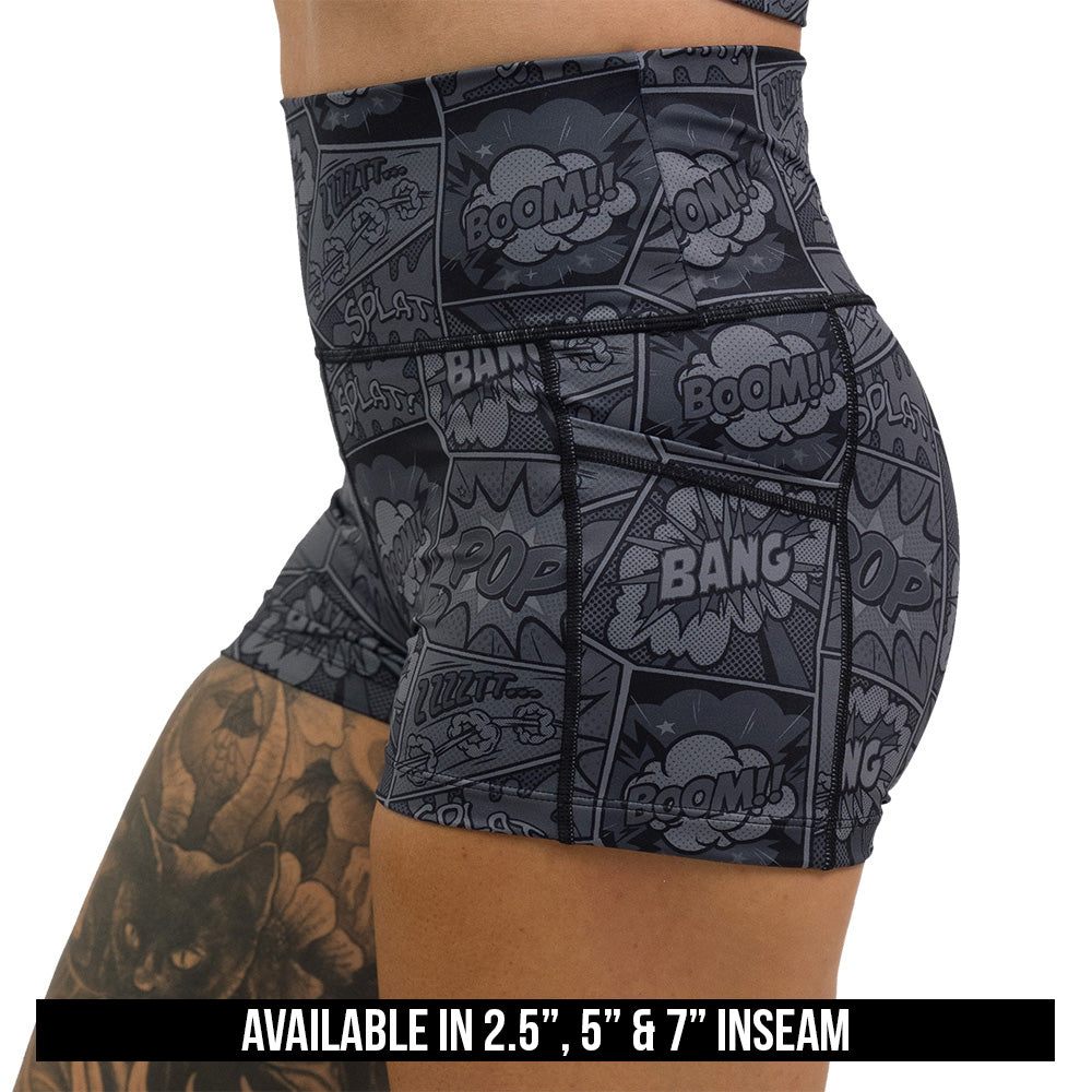 black and grey comic book print shorts available inseam sizes include 2.5 inch, 5 inch, and 7 inch