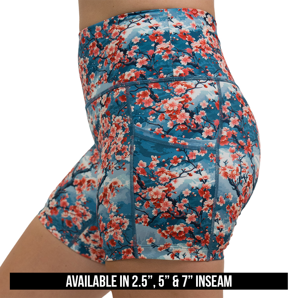 available lengths for the blooming cherry tree print shorts, available inseam lengths include 2.5 inches, 5 inches, and 7 inches
