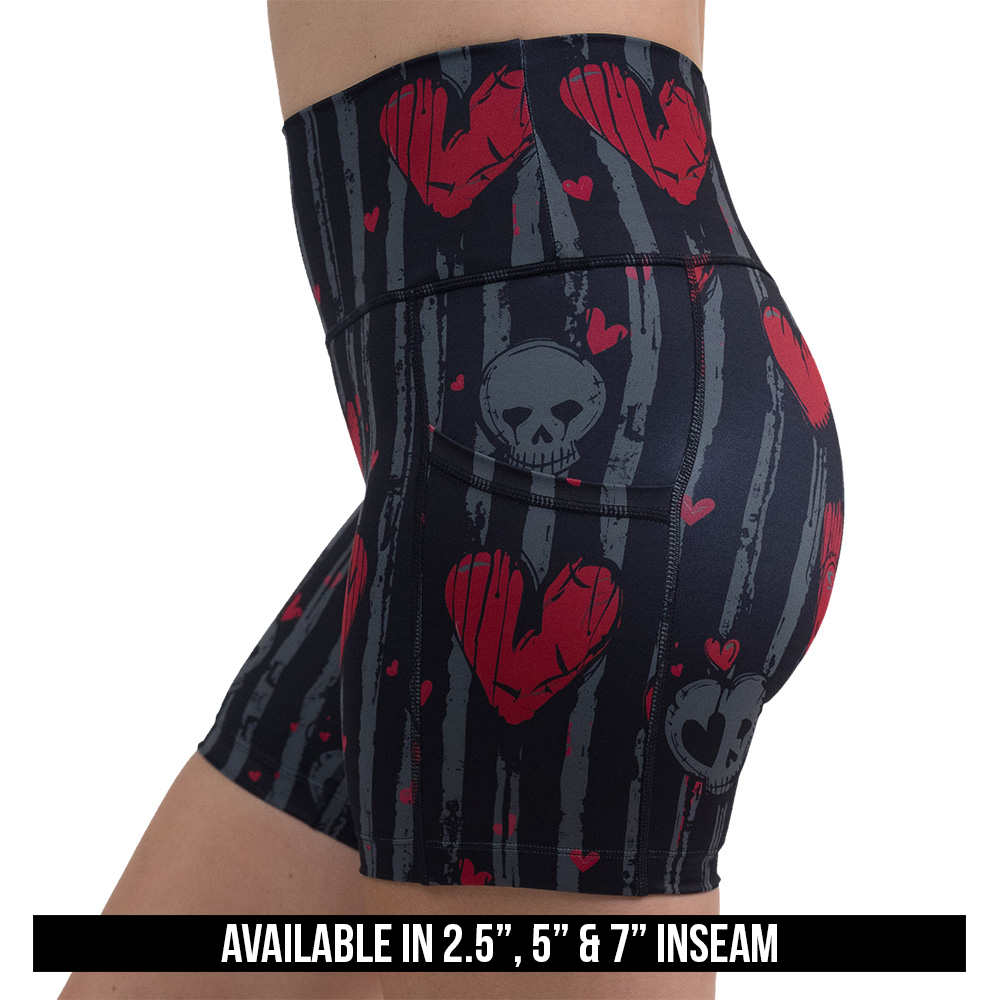 available inseam lengths for the red heart and gray skulls against a black and grey striped background shorts, available lengths include 2.5 inches, 5 inches, and 7 inches