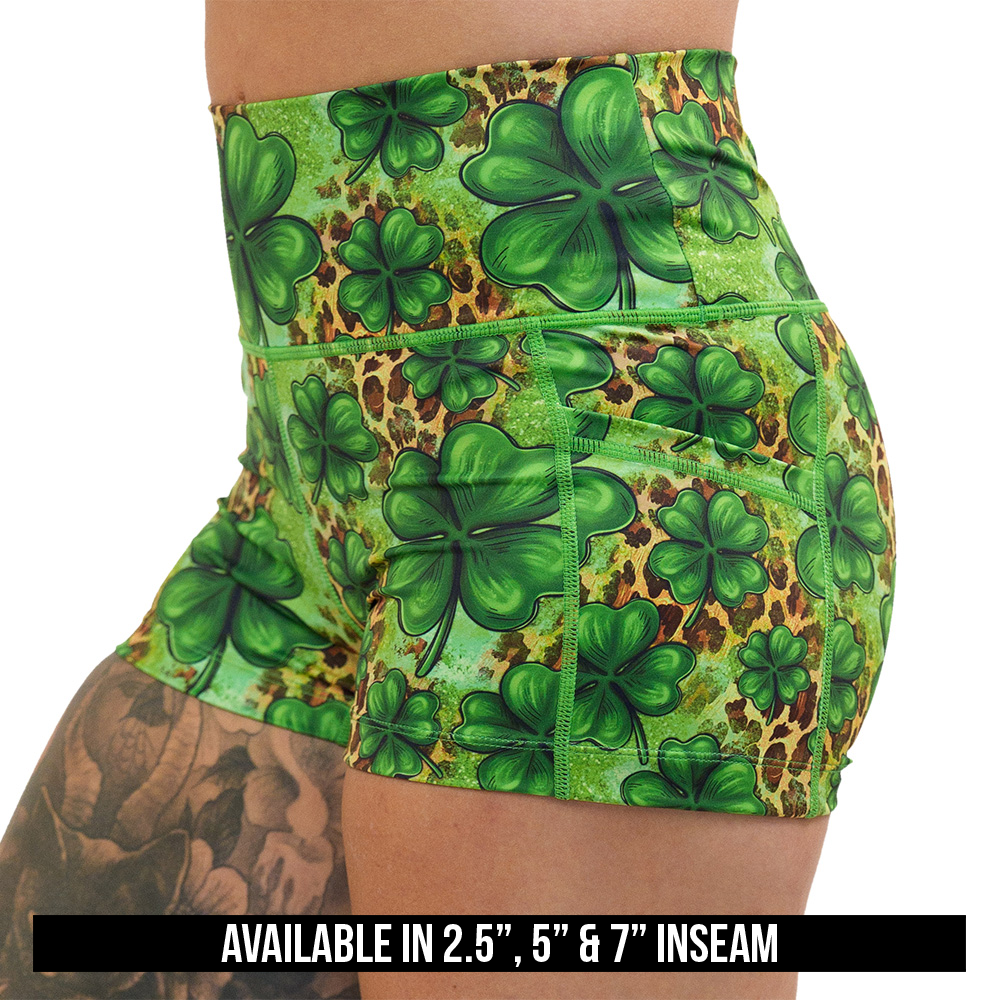 available inseam lengths for the clover pattern against a cheetah print and green background shorts, lengths include 2.5 inches, 5 inches, and 7 inches