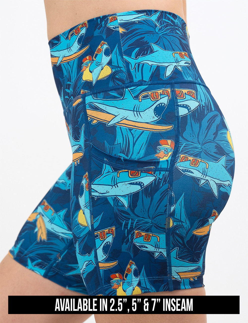 available inseam lengths for the cartoon sharks surfboarding with sunglasses shorts, lengths include 2.5, 5, and 7 inches