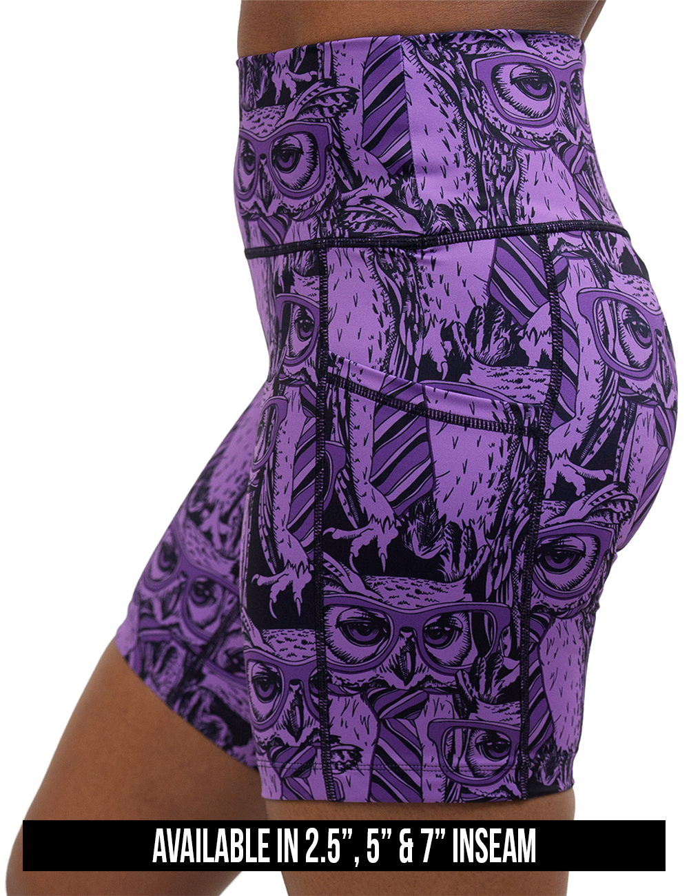 purple owl wearing glasses and a tie print shorts available inseam sizes, sizes include 2.5 inch, 5 inch, and 7 inches