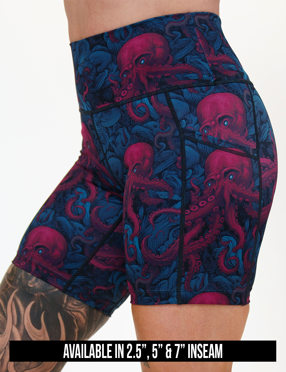 available inseam lengths for the maroon octopus with blue eyes shorts, inseam lengths include 2.5 inches, 5 inches, and 7 inches
