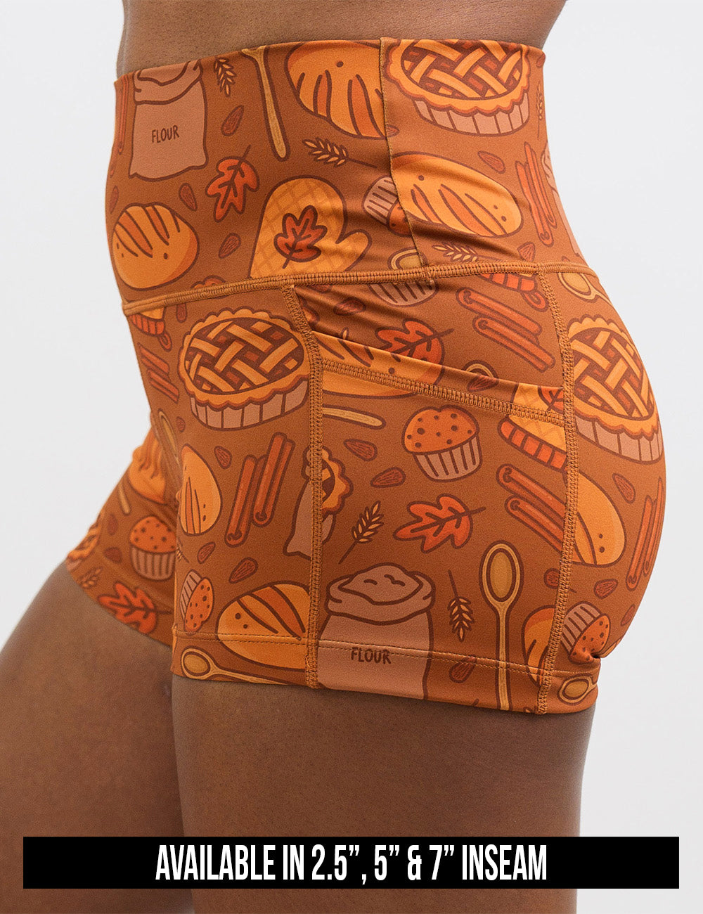 available inseam lengths for the orange baking themed shorts, length includes 2.5, 5, and 7 inches