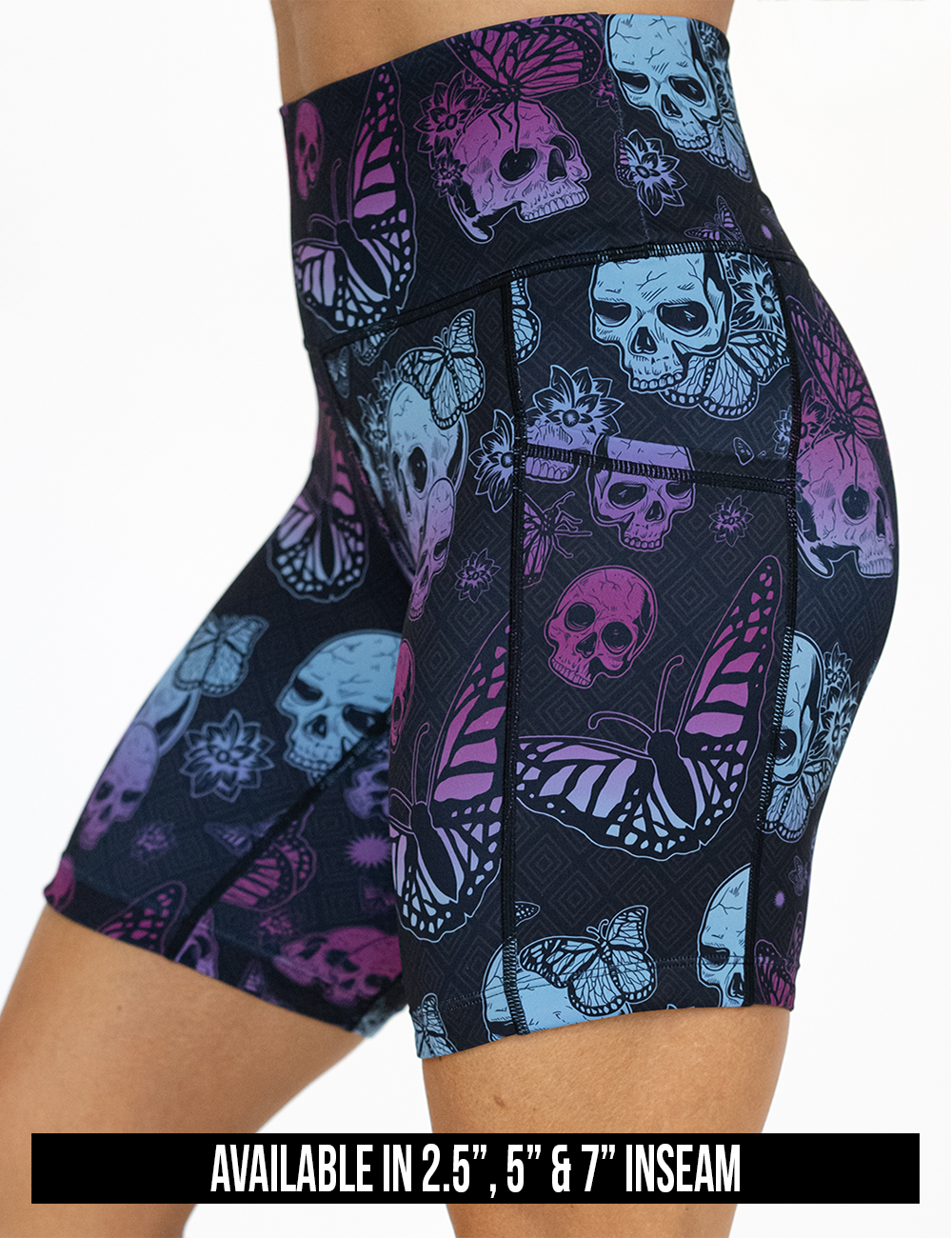 available inseam lengths for the blue and purple skulls surrounded by butterflies shorts, lengths include 2.5 inches, 5 inches, and 7 inches