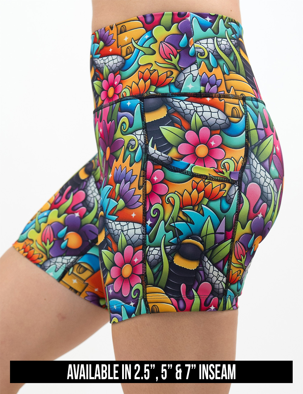 available inseam lengths for the cartoon bees against colorful cartoon flowers shorts, lengths include 2.5 inches, 5 inches, and 7 inches