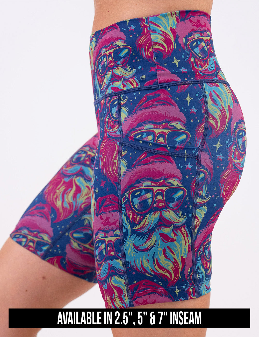 available inseam lengths for the colorful Santa-in-sunglasses shorts against a white background