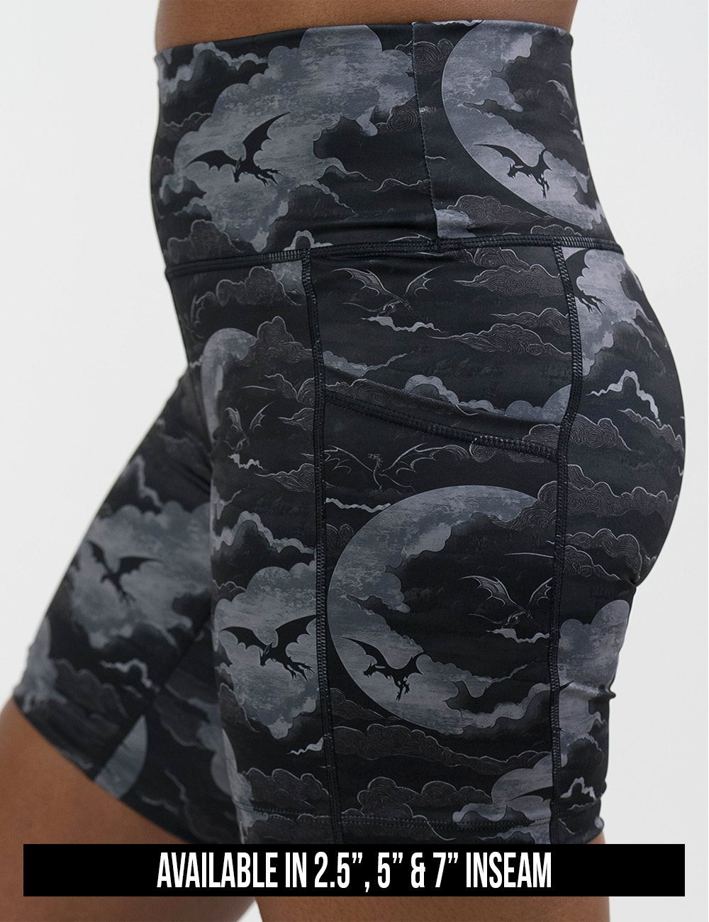 available lengths for the dark dragon against moonlit clouds pattern shorts, lengths include 2.5, 5, and 7 inch inseams