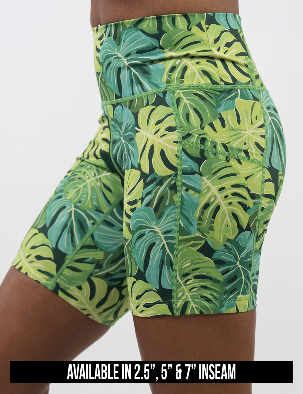 available lengths for the green tropical leaves shorts, inseam lengths include 2.5, 5, and 7 inches