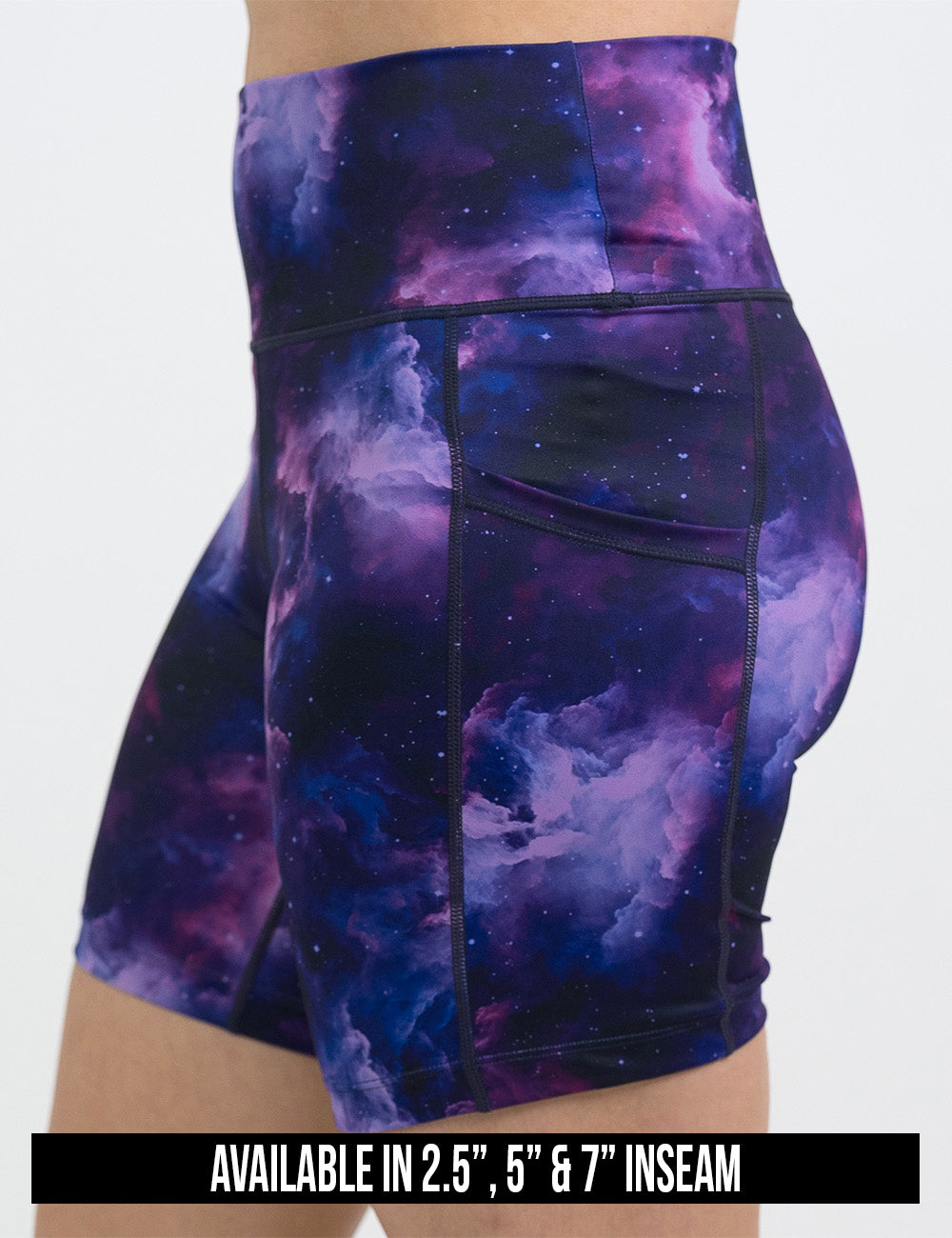 available inseam lengths for the purple space patterned shorts, lengths include 2.5, 5, and 7 inches