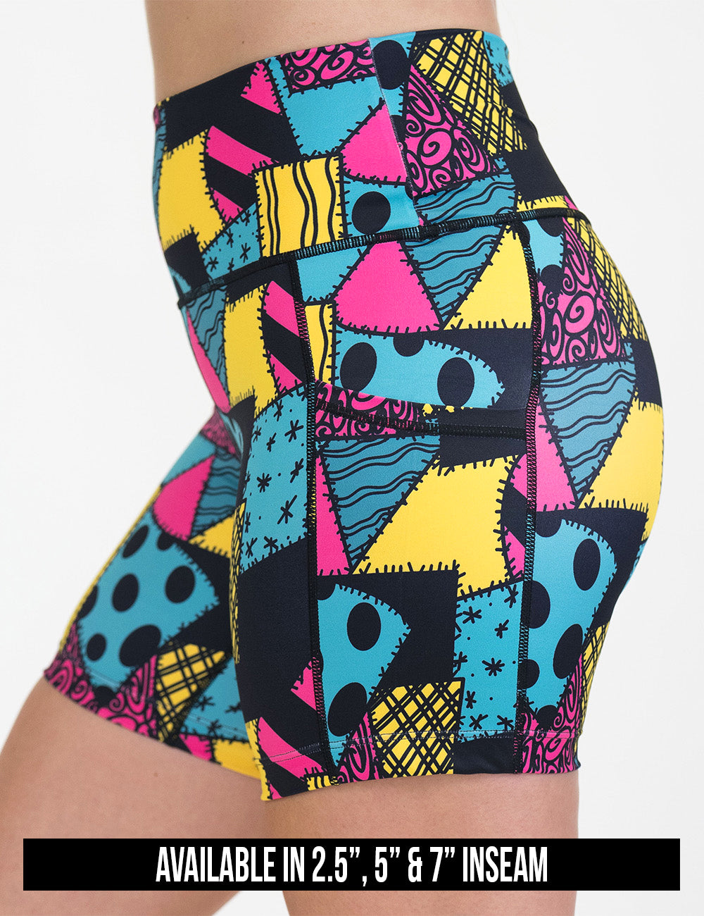 available lengths for the yellow, teal, and pink patchwork design shorts, inseam lengths are 2.5, 5, and 7 inches