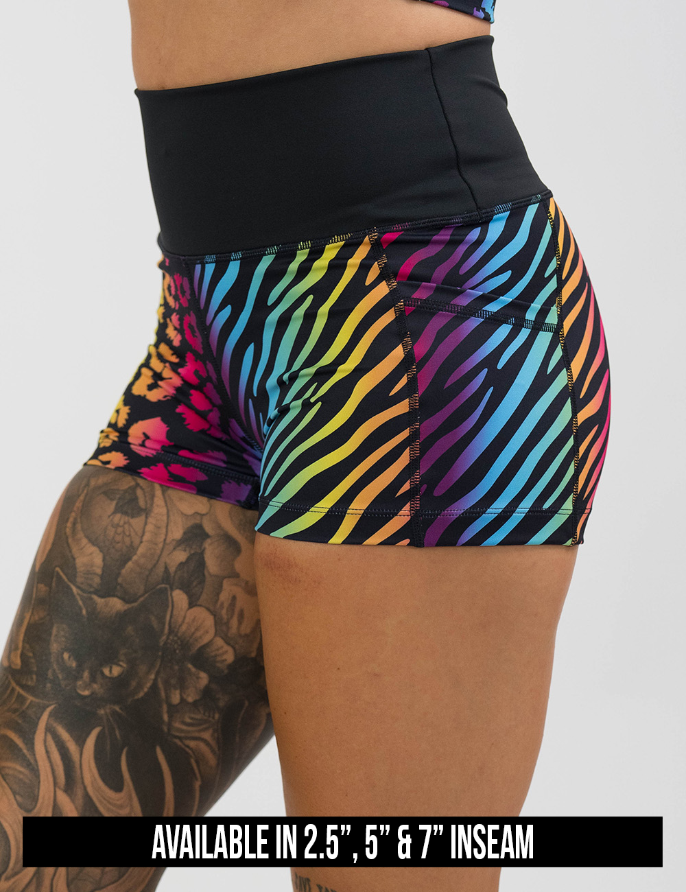 available lengths for the zebra and leopard rainbow print shorts, lengths include 2.5 inches, 5 inches, and 7 inches