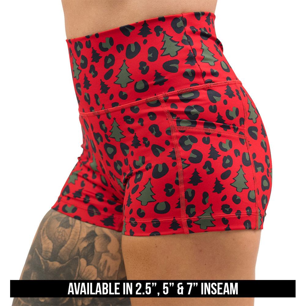 red and green Christmas tree leopard print shorts