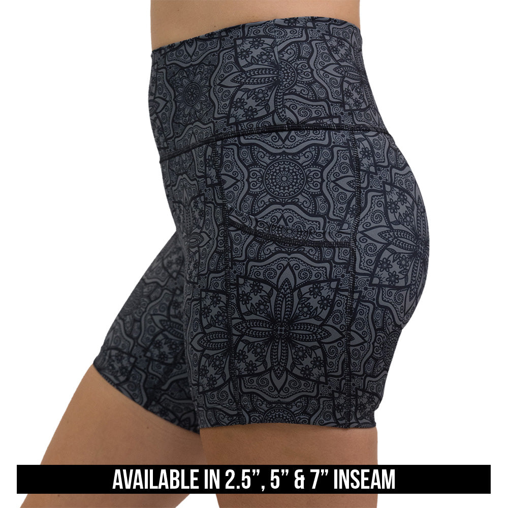 available inseam sizes for black mandala pattern shorts, inseam sizes include 2.5 inch, 5 inch, and 7 inch