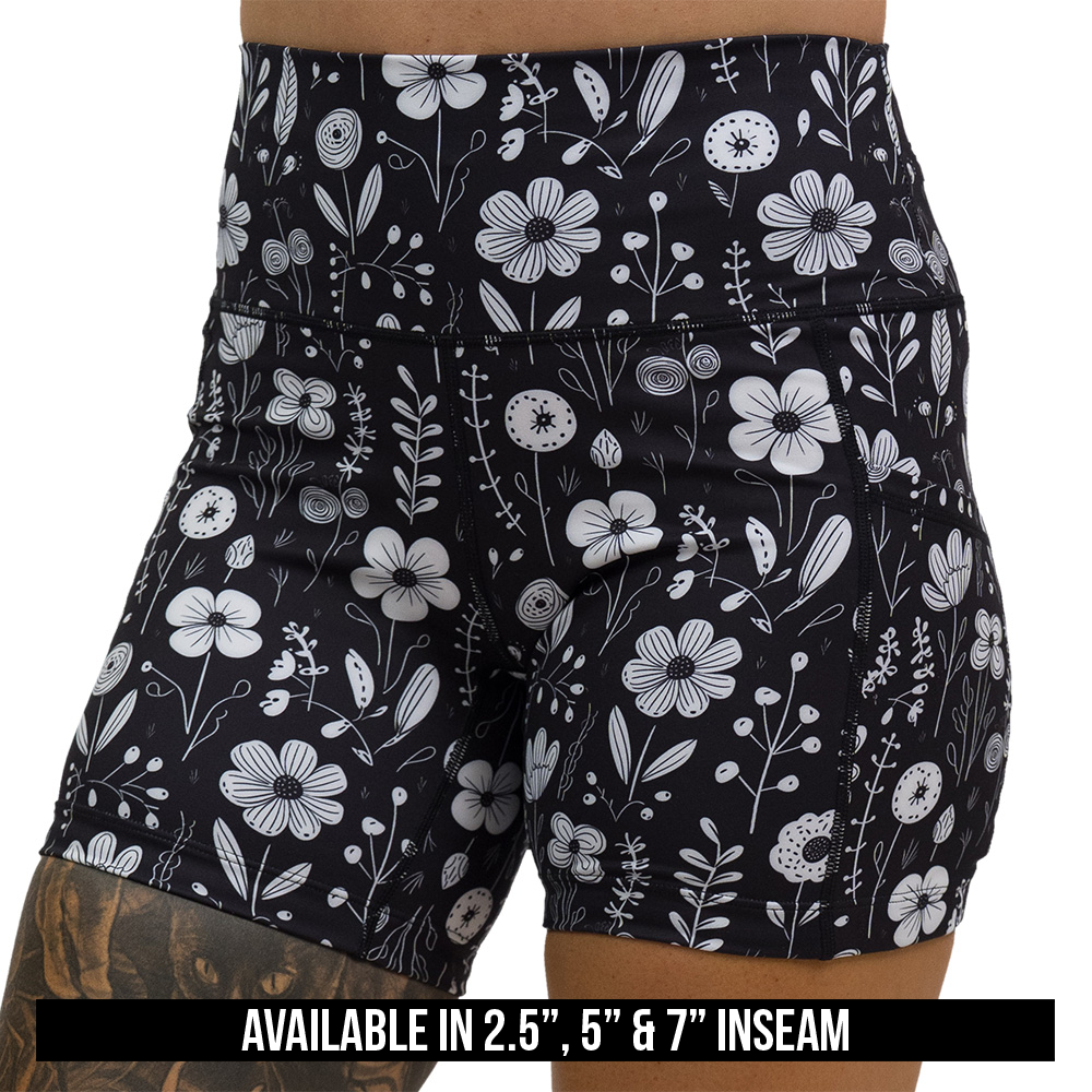 available lengths for the black and white floral shorts, available inseam lengths include 2.5 inch, 5 inch, and 7 inch