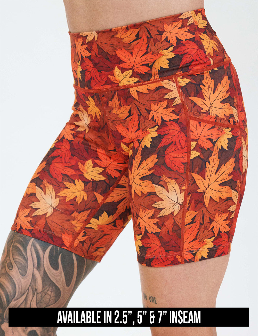 available inseam lengths for the orange leaves shorts, lengths include 2.5, 5, and 7 inches