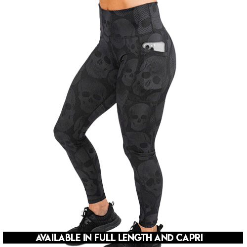 black on black skull print leggings available in full and capri length