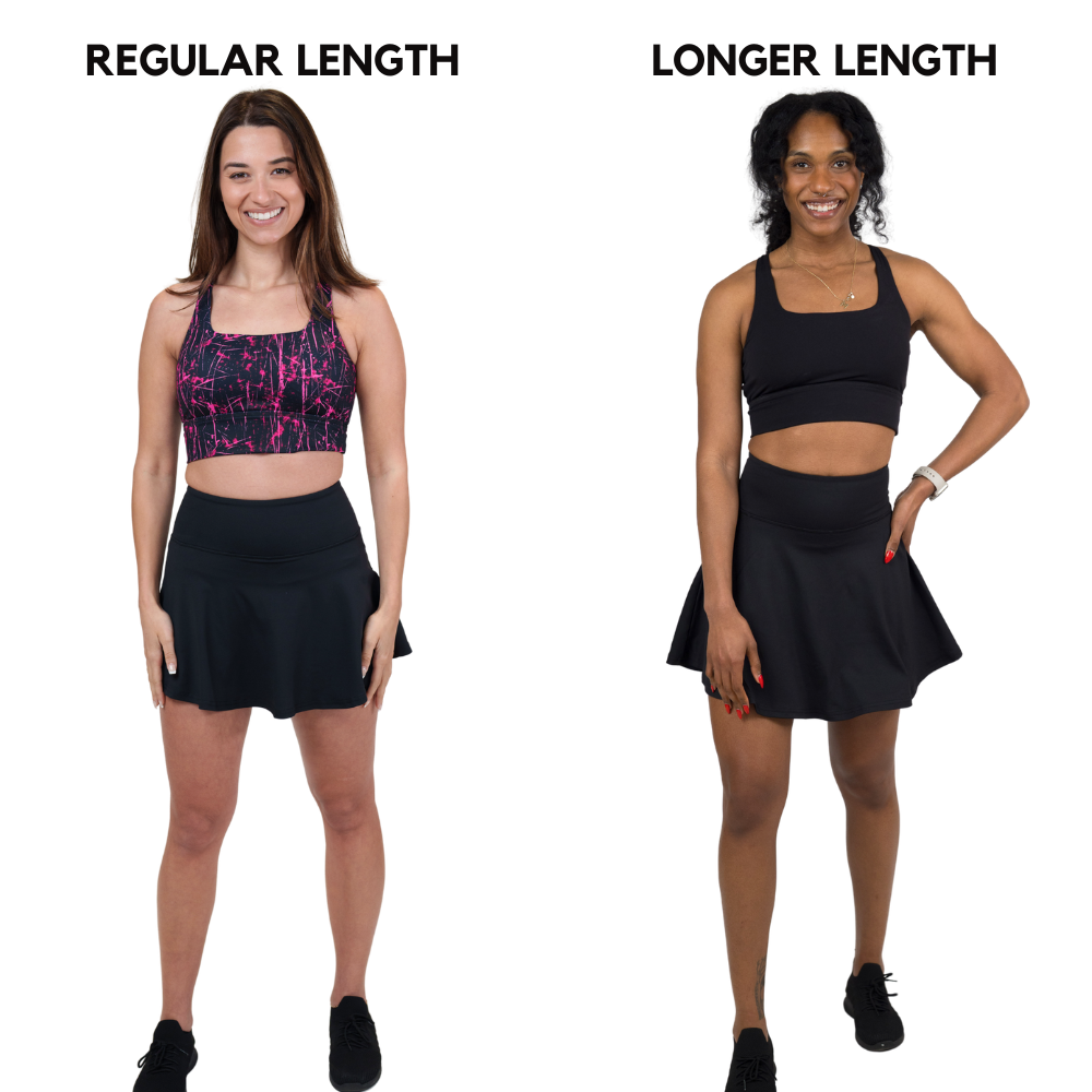 close up of a model wearing the regular and longer length skirt side by side