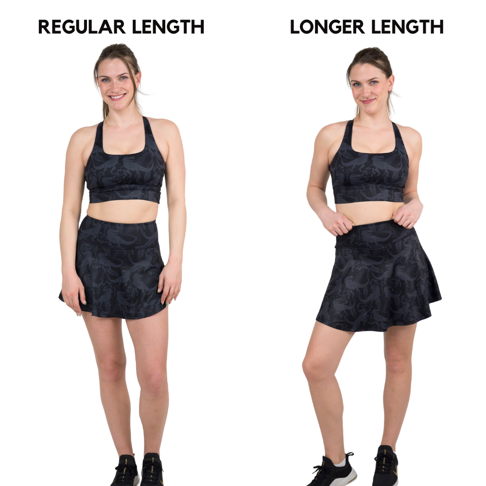 close up of a model wearing the regular and longer length skirt side by side