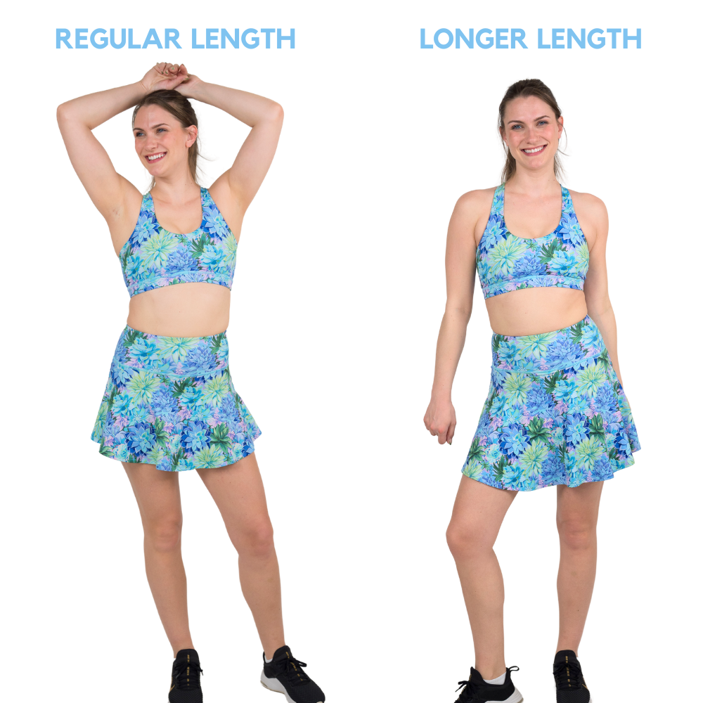 close up of a model wearing the regular and longer length skirt side by side