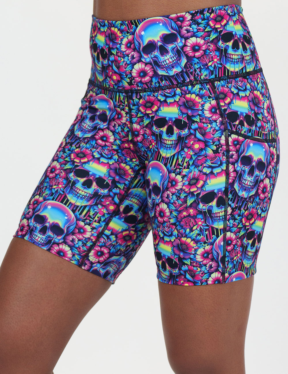 front of the neon skull print 7 inch shorts against a white background