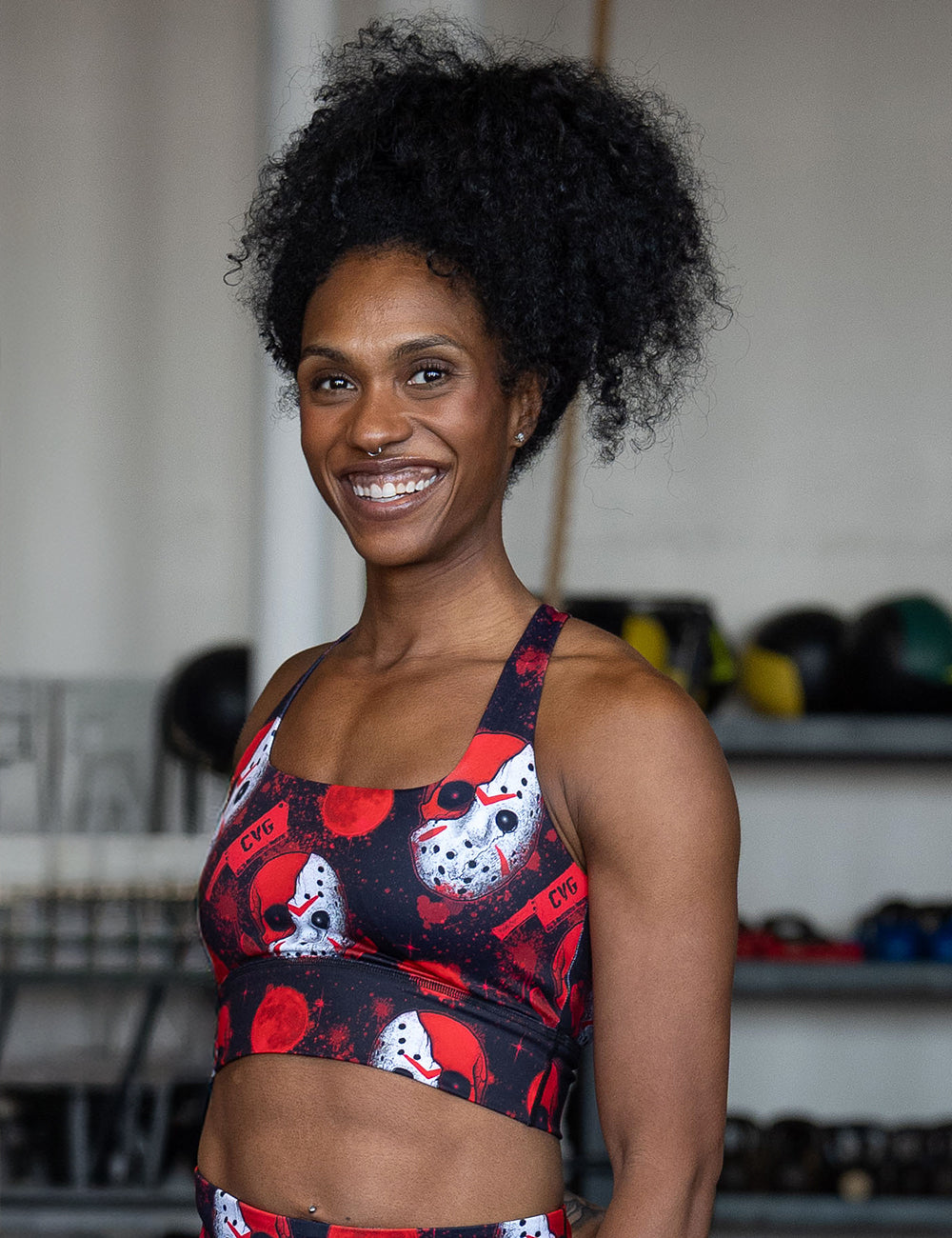 model wearing the bloody hocky mask bra in the gym