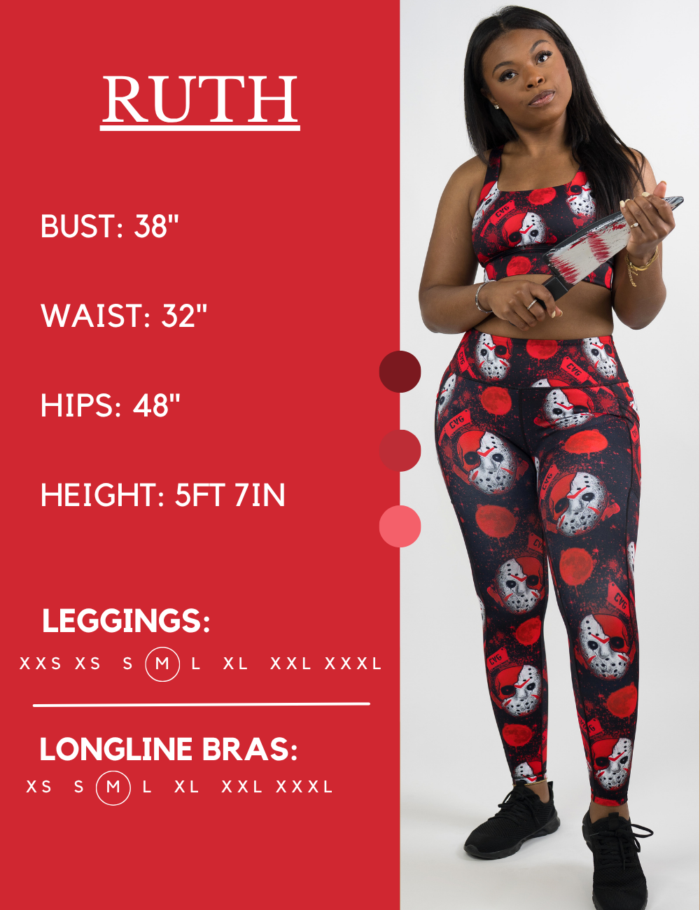 Model’s measurements of 38” bust, 32” waist, 48” hips and height of 5 ft 7 inches. She is wearing a size medium in our leggings