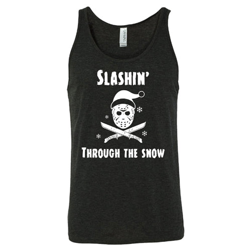 black shirt with white lettering that says "slashin through the snow"