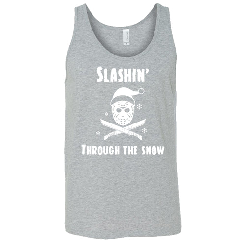 grey shirt with white lettering that says "slashin through the snow"