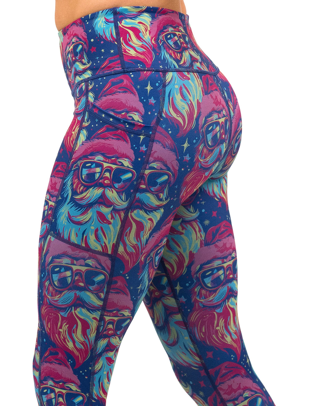 side view of the colorful Santa-in-sunglasses leggings against a white background