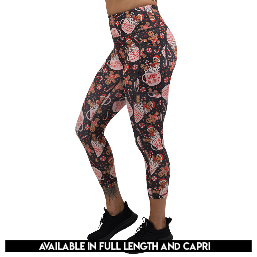 Christmas-themed leggings with gingerbread men and candy canes available in full and capri length