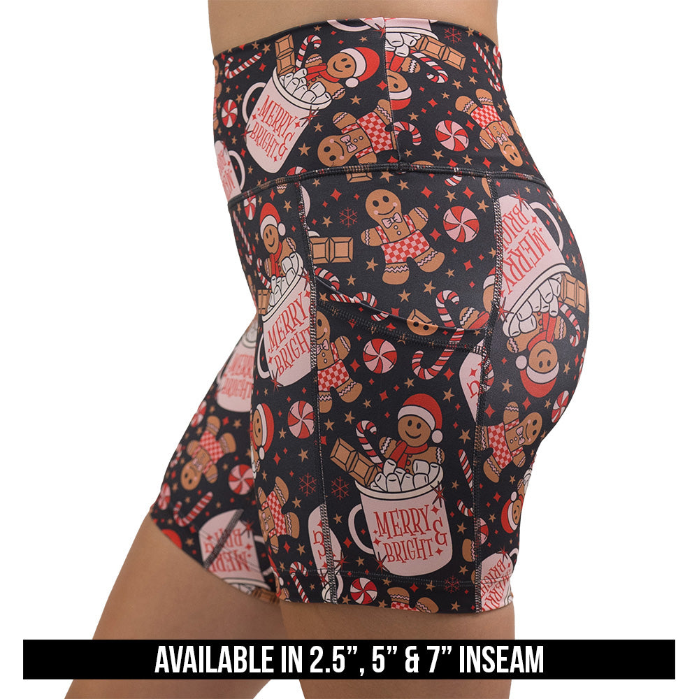 Christmas-themed shorts with gingerbread men and candy canes