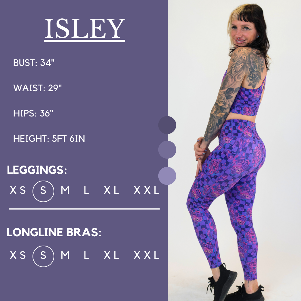 Model’s measurements of 34” bust, 29” waist, 36” hips and height of 5 ft 6 inches. She is wearing a size small in our leggings and a size small in our longline bras
