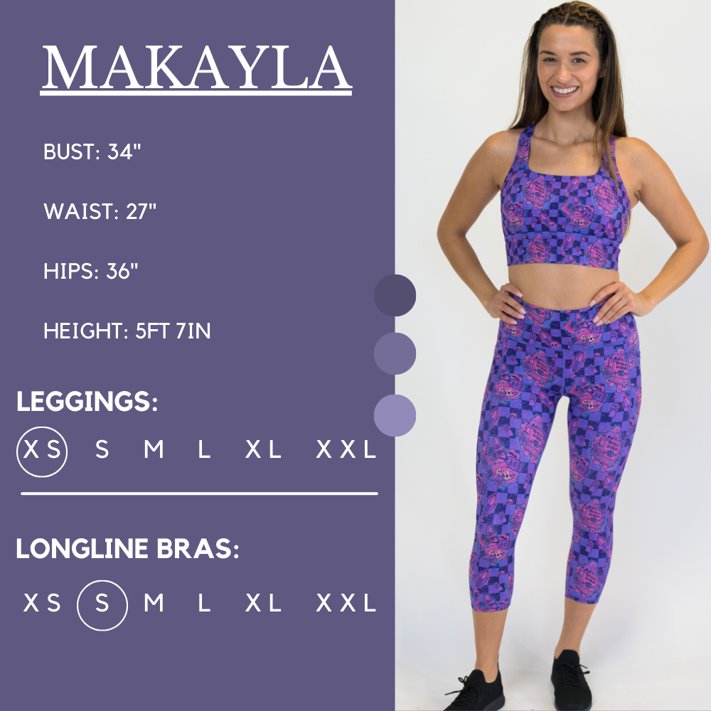 Model’s measurements of 34” bust, 27” waist, 36” hips and height of 5 ft 7 in. She is wearing a size x-small in our leggings and a size small in our longline bras