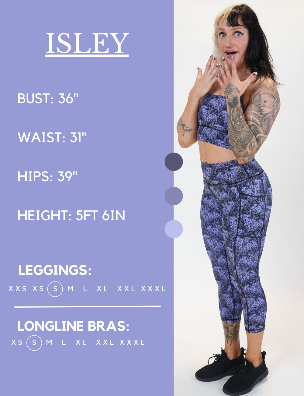 Model’s measurements of 36” bust, 31” waist, 39” hips and height of 5 ft 6 inches. She is wearing a size small in our leggings