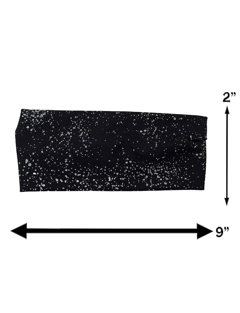 measurements for the black headband with reflective spots, measurements are 2 inches by 9 inches