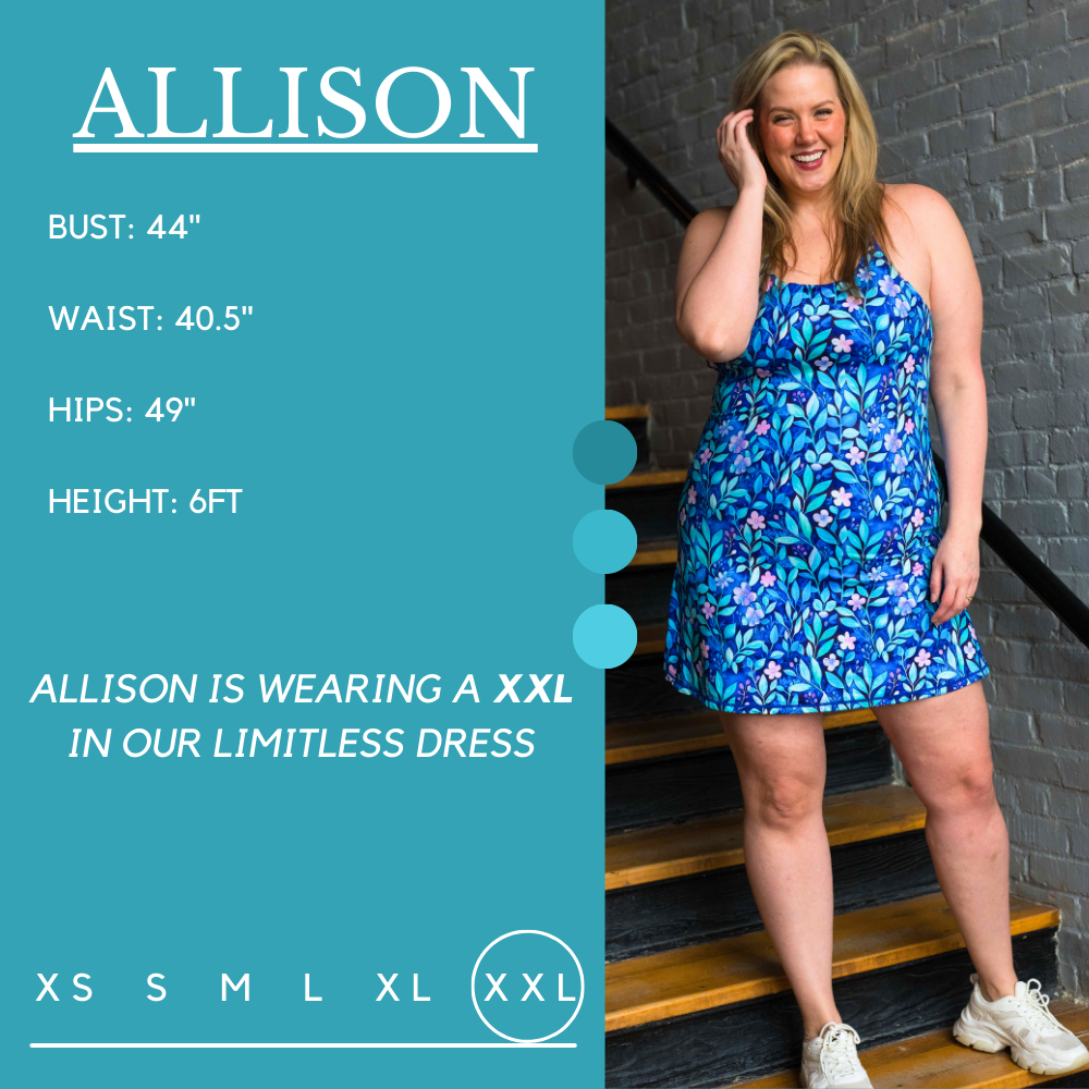 Model’s measurements of 44” bust, 40.5” waist, 49” hips and height of 6ft. She is wearing a size xxl in our dress