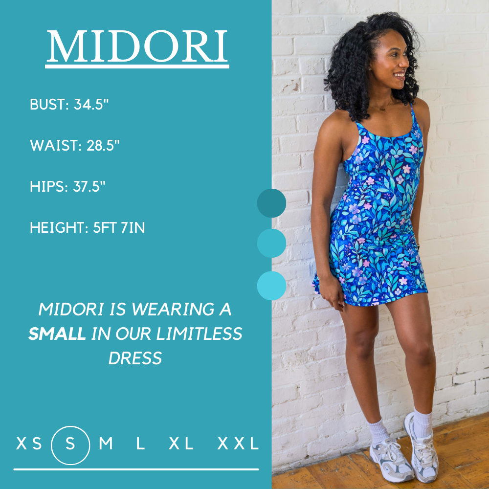 Model’s measurements of 34.5” bust, 28.5” waist, 37.5” hips and height of 5 ft 7 inches. She is wearing a size small in our dress