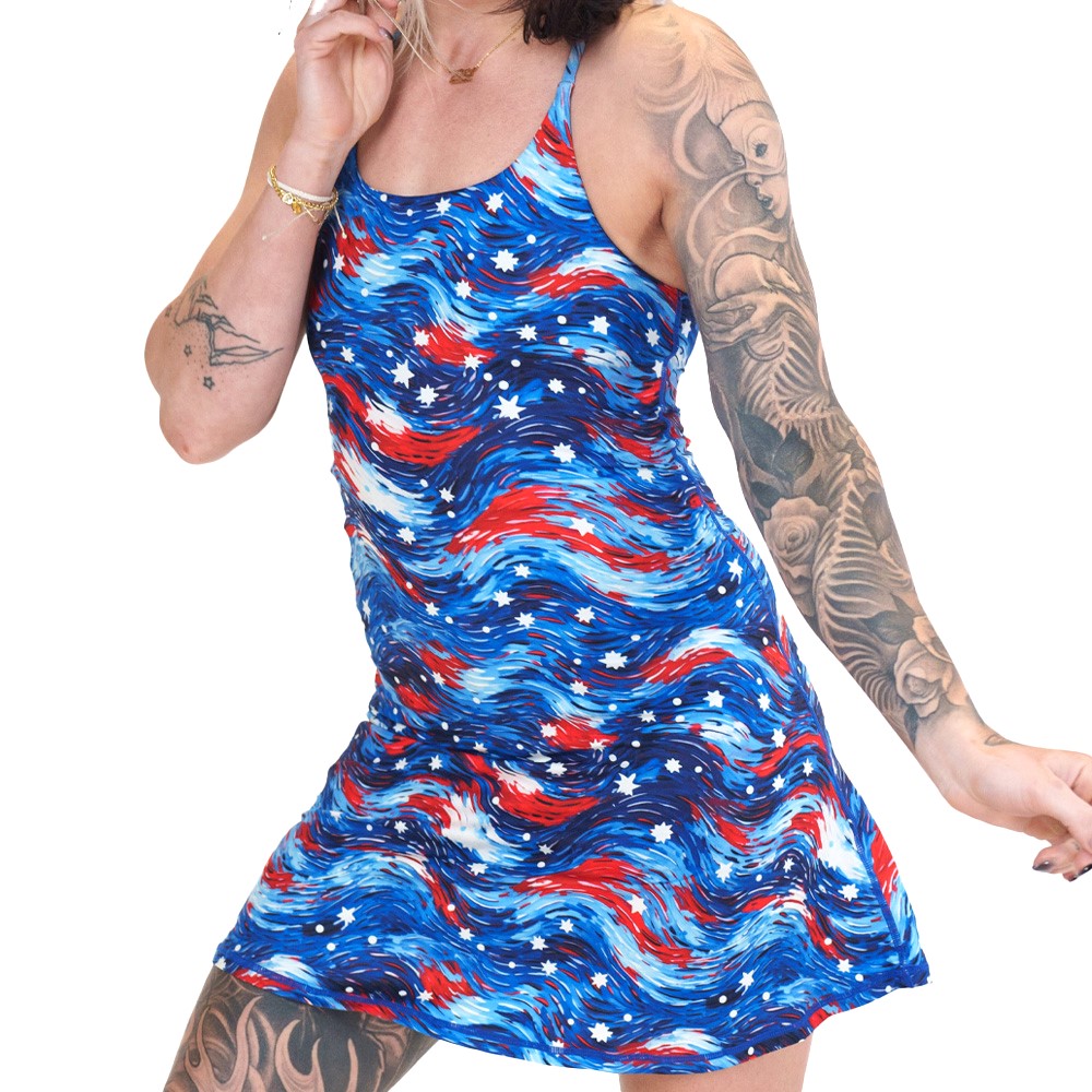 red, white and blue flag patterned dress