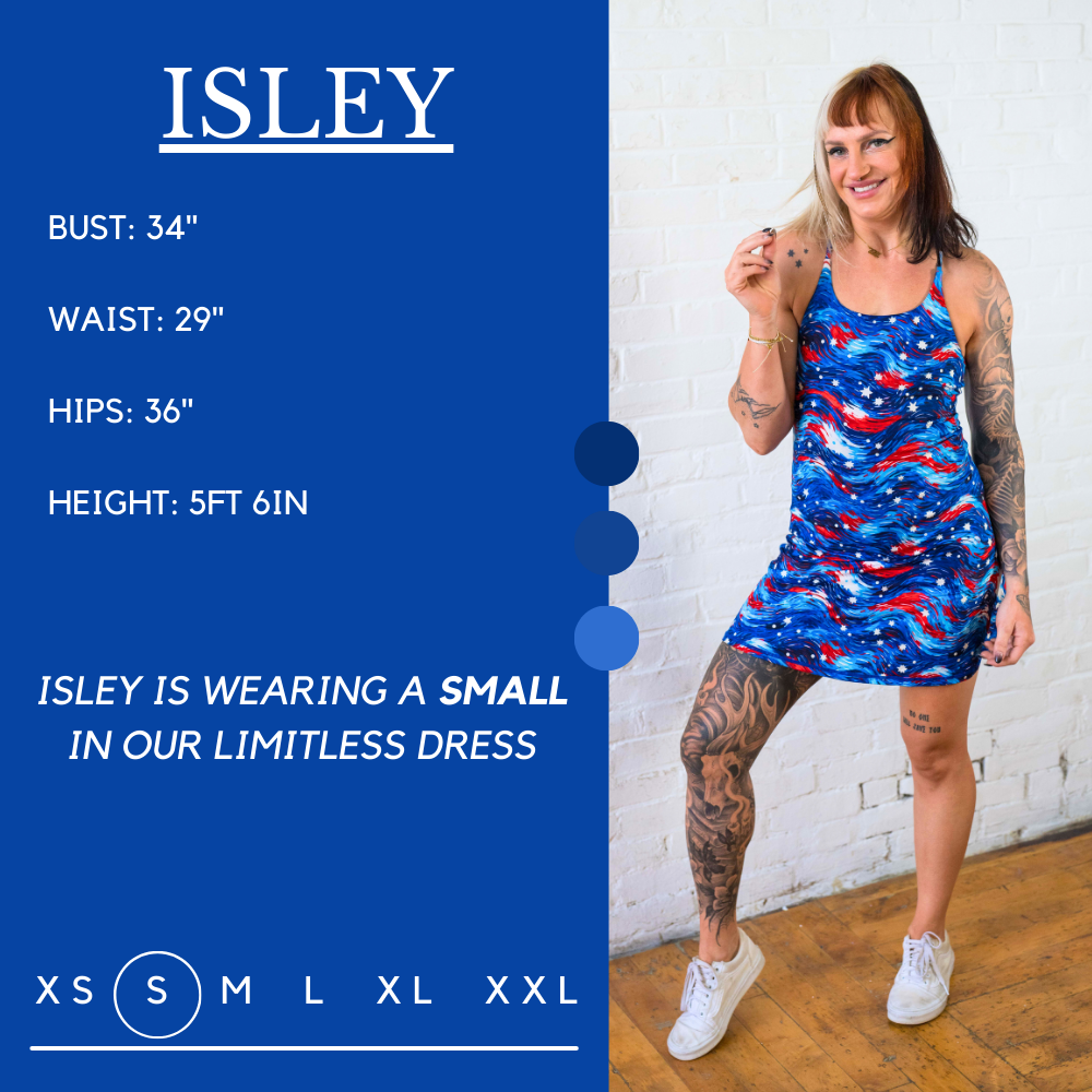 Model’s measurements of 34” bust, 29” waist, 36” hips and height of 5 ft 6 in. She is wearing a size small in our dress