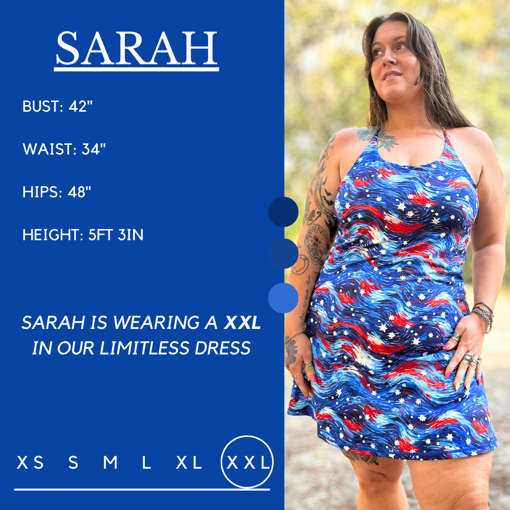 Model’s measurements of 46” bust, 38” waist, 51” hips and height of 5 ft 3 inches. She is wearing a size xx-large in our dress