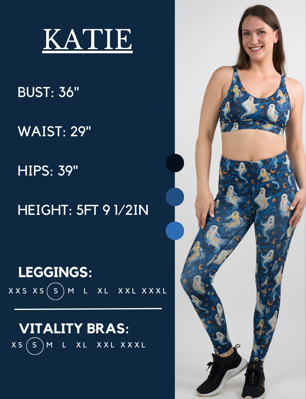 Model’s measurements of 36” bust, 29” waist, 39” hips and height of 5 ft 9 1/2 inches. She is wearing a size small in our leggings