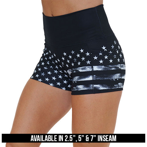 black shorts with white American flag design on it available in 2.5", 5" and 7" inseams