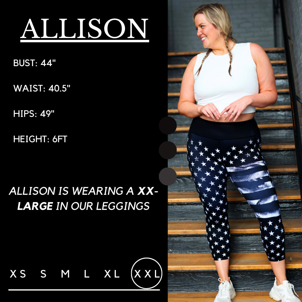 Model's measurements of 44 inch bust, 40.5 inch waist, 49 inch hips, and height of 6 foot. She is wearing a size xx-large in our leggings
