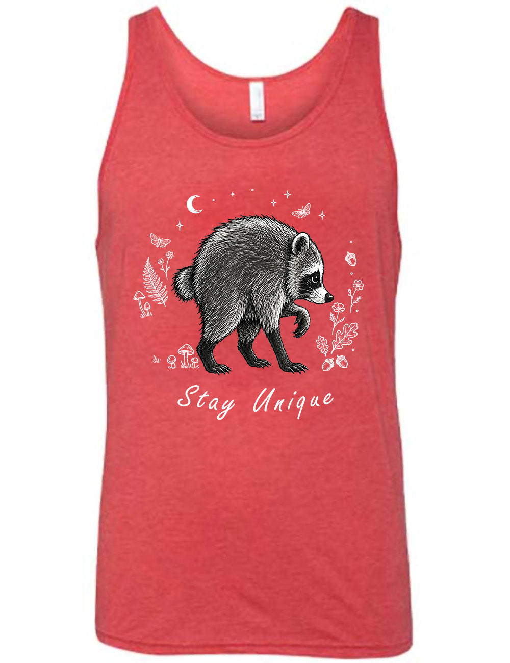 front of the red "stay unique" raccoon unisex tank